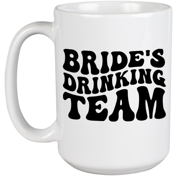Bride's Drinking Team, Bridal Shower, Wedding or Fiancee Themed, Groovy Retro Wavy Text Merch Gift, White 15oz Ceramic Mug