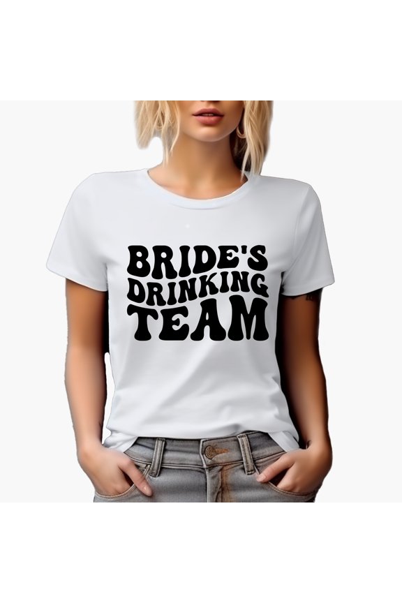 Bride's Drinking Team, Bridal Shower, Wedding or Fiancee Themed, Groovy Retro Wavy Text Merch Gift, White T-Shirt, Small