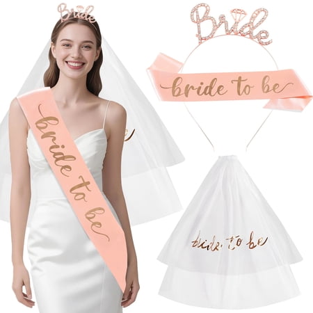 Sytle-Carry Bride to Be Sash, Tiara, Veil, 3 Pcs Bachelorette Party Decorations, Bridal Shower Gift, Party Favors, Rose Gold