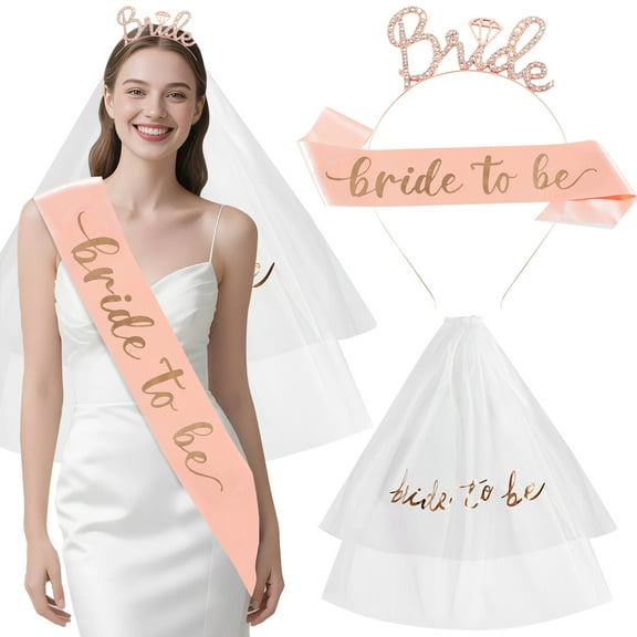 Bride to Be Sash, Tiara, Veil, 3 Pcs Bachelorette Party Decorations, Bridal Shower Gift, Party Favors, Rose Gold