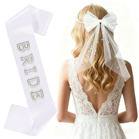 Bride to Be Sash and Bow Veil with Pearls, Bachelorette Party Accessories, Bridal Shower Decorations, Wedding Morning, Engagement Gifts for Bride