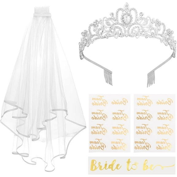 Bride to Be Veil & Alloy Bride Crown Hair Band & Glitter Bachelorette Sash & Sticker Set for Bride Bachelorette Party Favors Silver 136x160x45mm