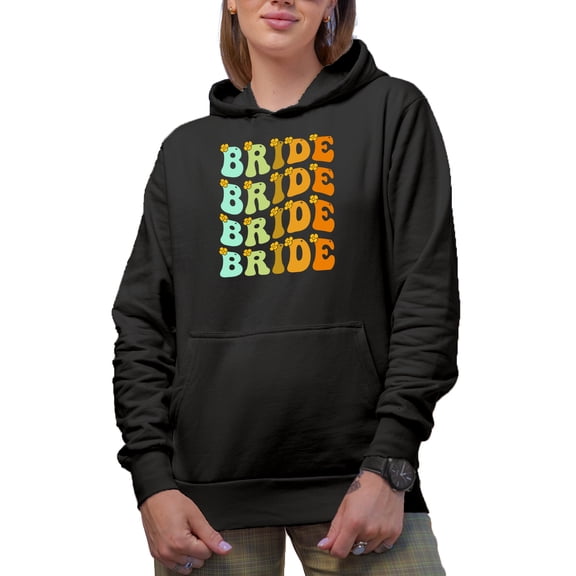 Bride with Cute Flowers, Wedding Day, Bridal Shower or Marriage Themed, Groovy Retro Wavy Text Merch Gift, Black Hooded Sweatshirt or Hoodie, Small