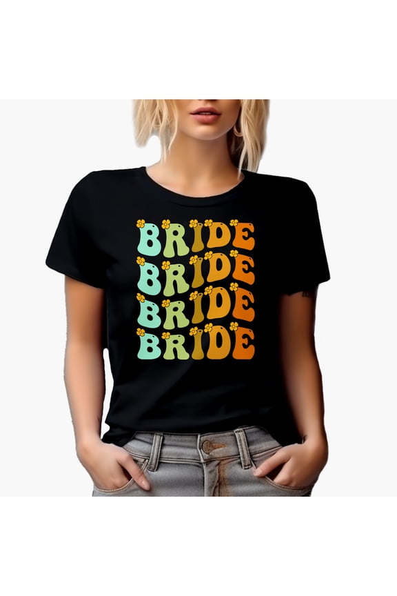Bride with Cute Flowers, Wedding Day, Bridal Shower or Marriage Themed, Groovy Retro Wavy Text Merch Gift, Black T-Shirt, Small