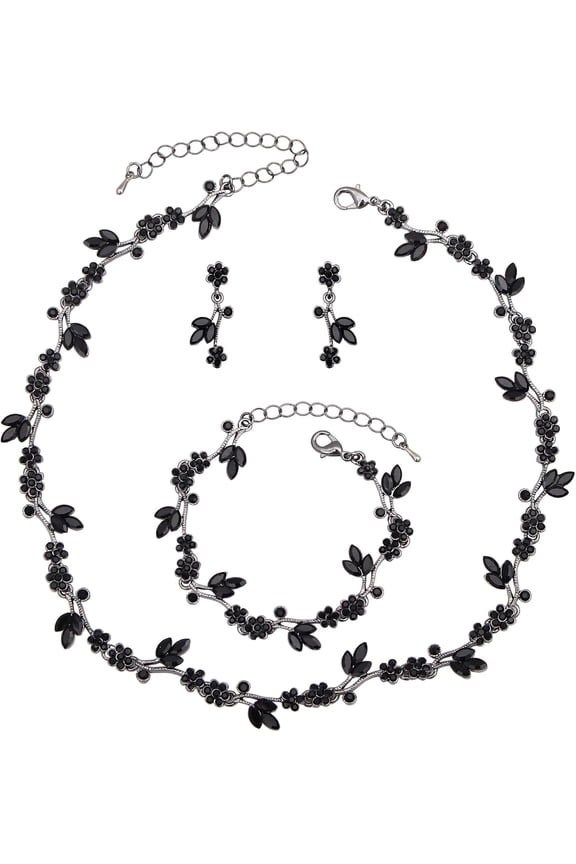 Brides Bridesmaid Flower Leaf Choker Necklace Dangle Earrings Link Bracelet Austrian Crystal Wedding Jewelry Set for Prom Costume Party Accessories for Woman