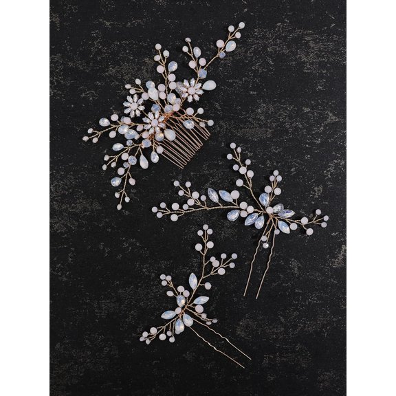 Brides Rhinestone Flowers Hair Comb Crystals Hair Pins Bridal Wedding Hair Accessories Hair Piece Jewelry Headpiece for Brides Wedding Women and Girls Proms (3PCS) (GOLD PROTEIN)