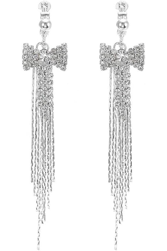 Brides Wedding Rhinestone Clip on Earrings Non Pierced Earrings Long Tassel Screw Cuff Earrings Ear Clip