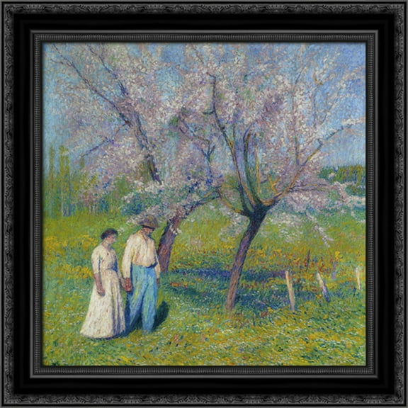 Brides walk under the apple trees 20x20 Black Ornate Wood Framed Canvas Art by Martin, Henri