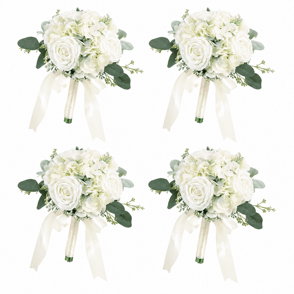 Bridesmaid Bouquets Set of 4 - Ivory White Artificial Roses Flowers for Bridesmaids Wedding Small Floral Centerpieces for Marriage Proposal Party Anniversary Dining Table Decor - 7.5 Inch