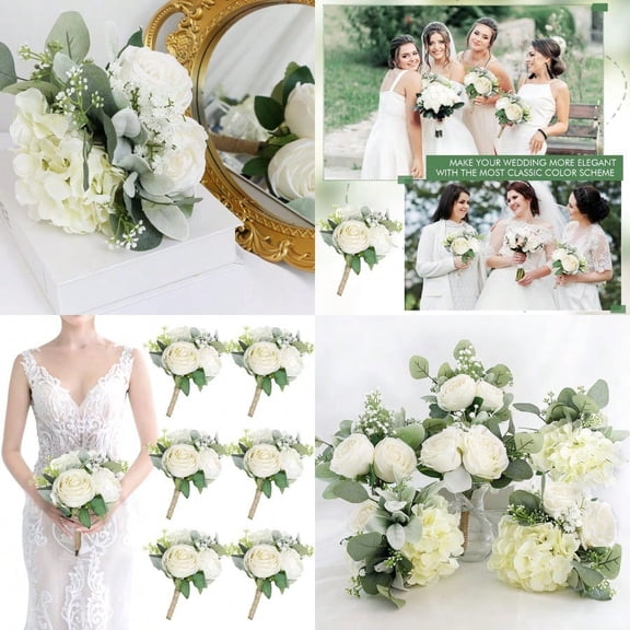 Bridesmaid Bouquets Set of 6 - Ivory White Artificial Flowers Bouquet for Bridesmaids Wedding Small Floral Centerpieces for Marriage Proposal Party Anniversary Dining Table Decor -7 Inch