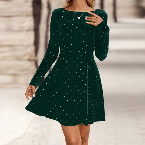 Bridesmaid Dress Holiday Dresses for Women Rehearsal Dinner Dresses for Women Dinner Dress Plus Size Velvet Dress for Women, Rhinestone Round Neck Long Sleeve Elegant Party Dres, Army Green-M