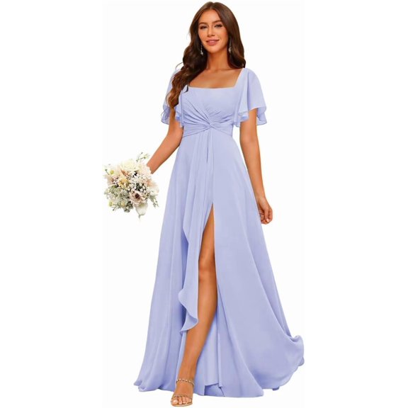 Bridesmaid Dress Short Sleeve Chiffon A-Line Evening Dress with Pocket Slit