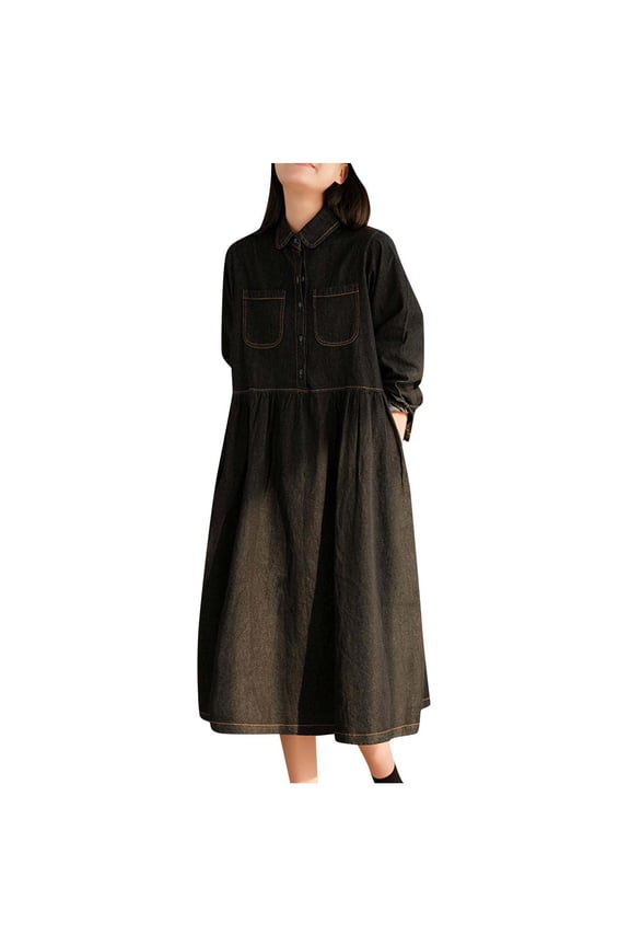 Bridesmaid Dresses Denim Dress for Women Midi, Ladies Loose Casual Long Sleeve Button Jean Shirt Dresses with Pockets Summer Cocktail Dress Black XL
