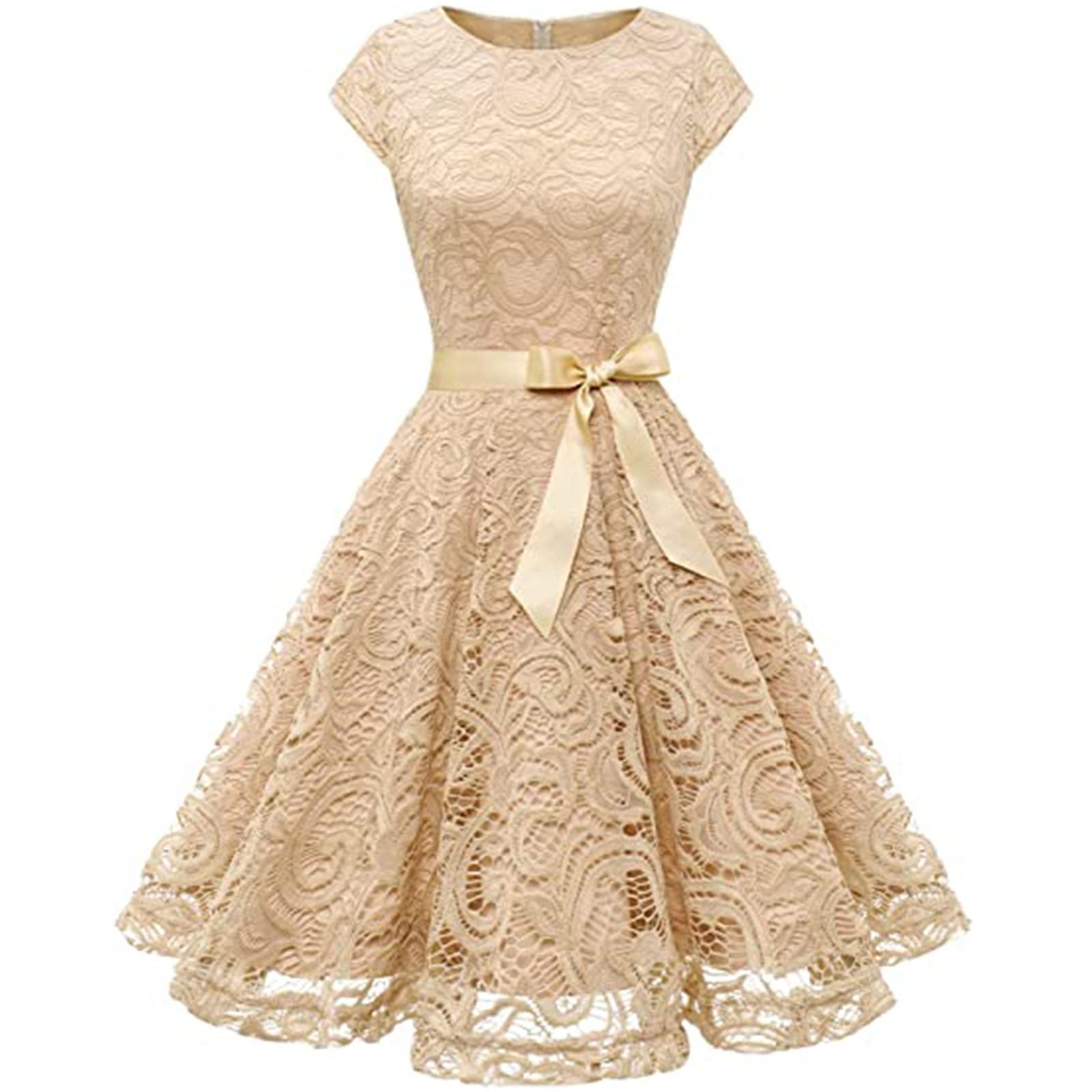 Bridesmaid Formal Dress for Women Short Sleeve Floral Lace Bow Cocktail