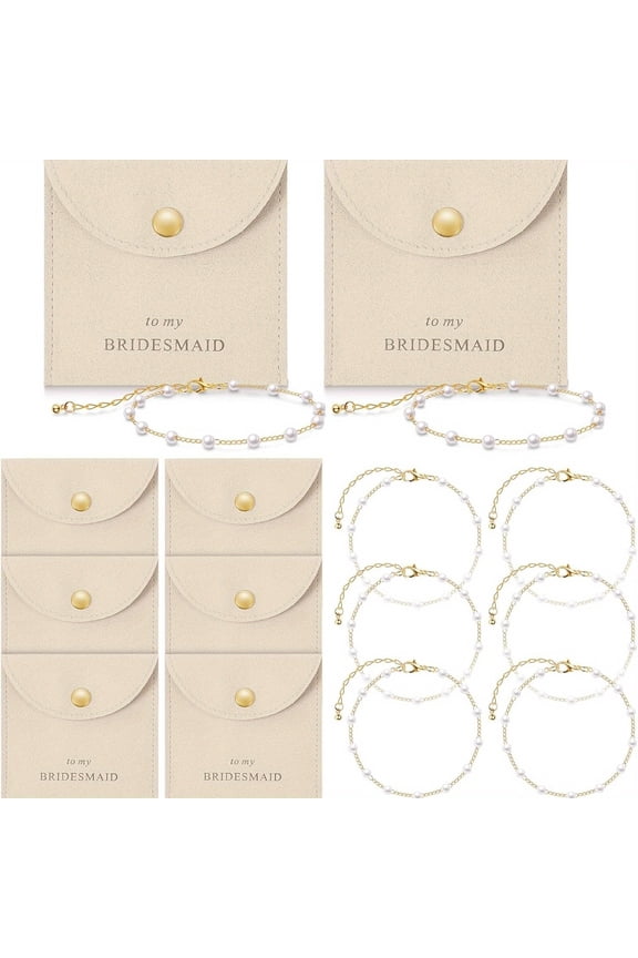 Bridesmaid Gifts Bracelet Set, 8Pcs Pearl Bracelets with Jewelry Pouches, Wedding Party Favors for Bridesmaids Bachelorette Bridal Shower Thank You Gift Elegant Jewelry Set
