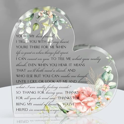 Bridesmaid Gifts Maid of Honor Gifts, 6"X6"Inch Acrylic Heart Sign with Flowers Eucalyptus Leaves, Wedding Proposal Keepsake from Bride, Wedding Party Gift