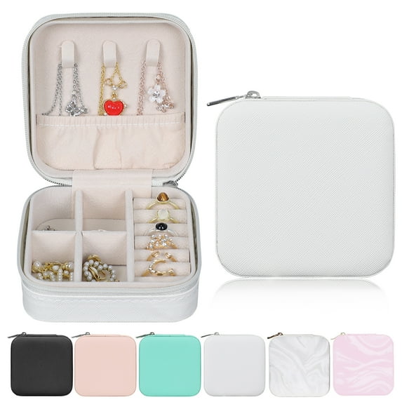 Keyroal Travel Jewelry Box for Women, PU Leather Jewelry Organizer Case with Removable Dividers, Portable for Necklace, Ring, Earring Storage, Gift for Girls (White)