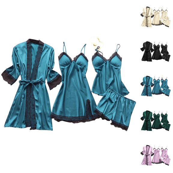 Bridesmaid Pajamas – Short Sleeve Bridal Set Women Satin Lace Sexy Suspenders Nightgown Robe Pajama Pants Home Clothes With Chest Pad Light Four Piece Set