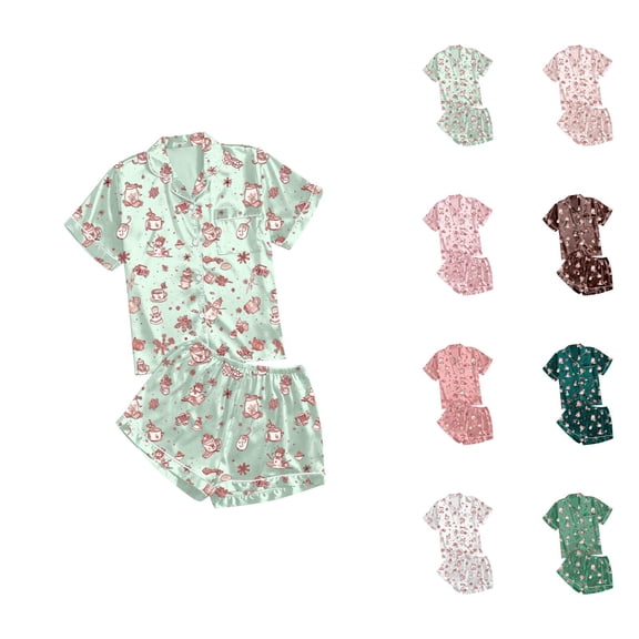 Bridesmaid Pajamas – Short Sleeve Bridal Set Women's Casual Printed Pyjama Set Silk Satin Short Sleeve Button Down Top And Shorts Set