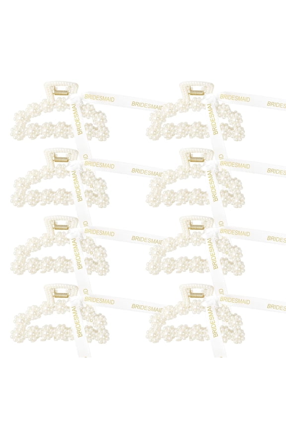 Bridesmaid Proposal Gifts 8 Pack Pearl Bridesmaid Hair Claw Clips with Ribbon 3 Inch Hair Clips Bachelorette Party Favors Bridal Party Present Hair Accessories (Half Circle)