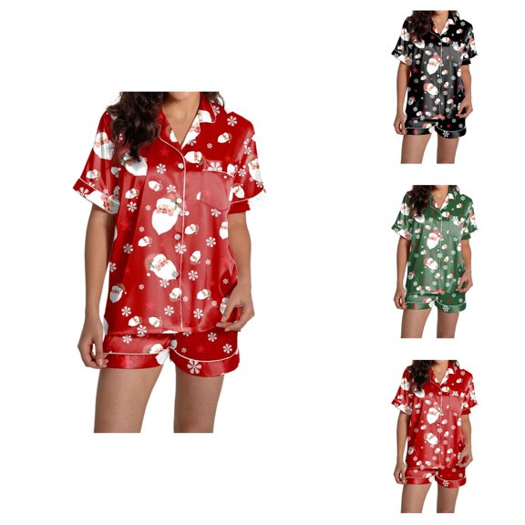 Bridesmaid Sleepwear – Satin Pajama Shorts Set Women's Casual Christmas Print Pajama Set Silk Satin Short Sleeve Button Up Top And Shorts Set
