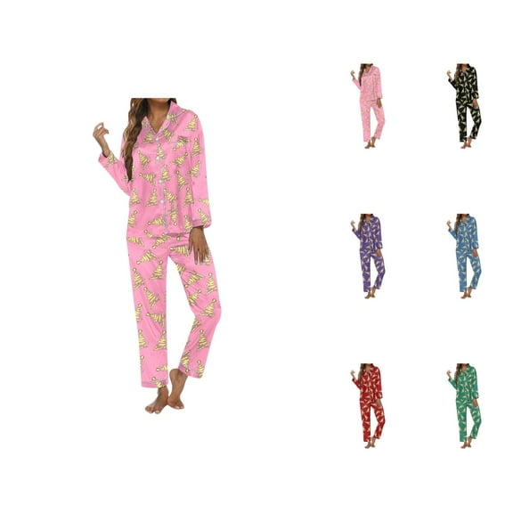 Bridesmaid Sleepwear – Satin Pajama Shorts Set Women's Christmas Printed Button Pocket Long Sleeved Pants Home Sleepwear Set