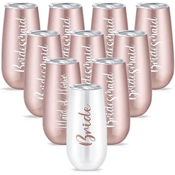 Bridesmaid Wine Tumblers, Bride Champagne Flute Maid of Honor Bride Mugs, 6 oz Stainless Steel Bridesmaid Proposal Gifts for Engagement Wedding Bachelorette Party Supplies (Set of 10)