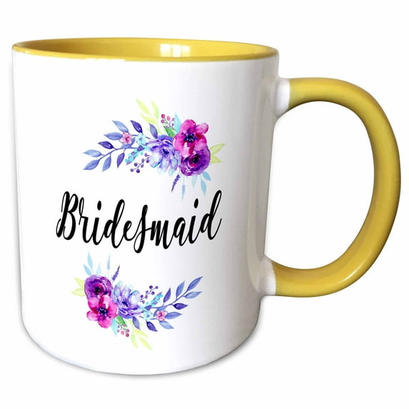 3drose, Bridesmaid with Pink and Purple Watercolor Floral, 11oz Two-tone Yellow Mug