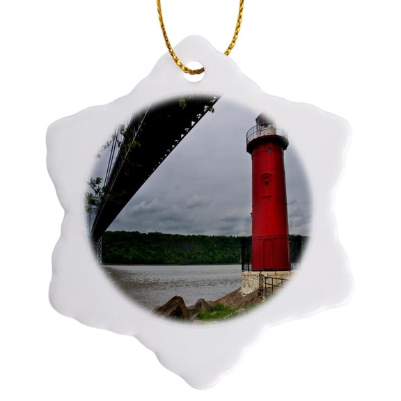 3drose, Bridge and the Little Red Lighthouse, 3 inch Snowflake Porcelain Ornament