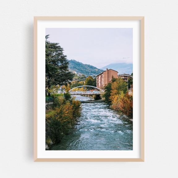 Bridge Over Autumn Waters - Aosta Aosta Valley Italy Photography Autumn Bridge Landscape Mountain Scenic Nature Oak Framed Wall Art Print 16 x 20 inches