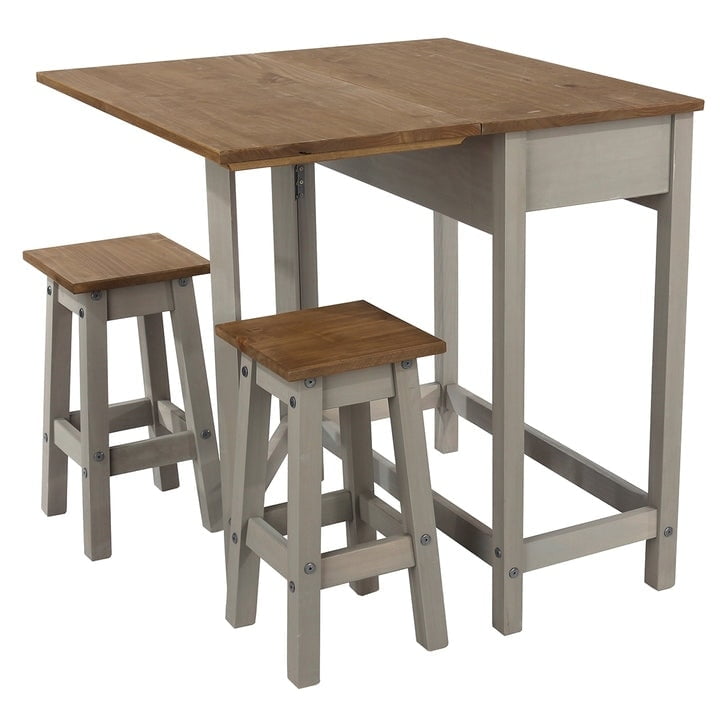 Gray Wash Solid Pine Drop Leaf Table with Antique Brown Seats