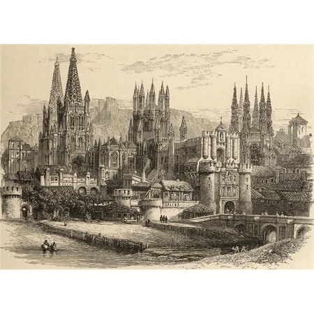 Bridge Gateway & Cathedral of Burgos Spain From The Book Spanish Pictures Poster Print - Large - 34 x 24