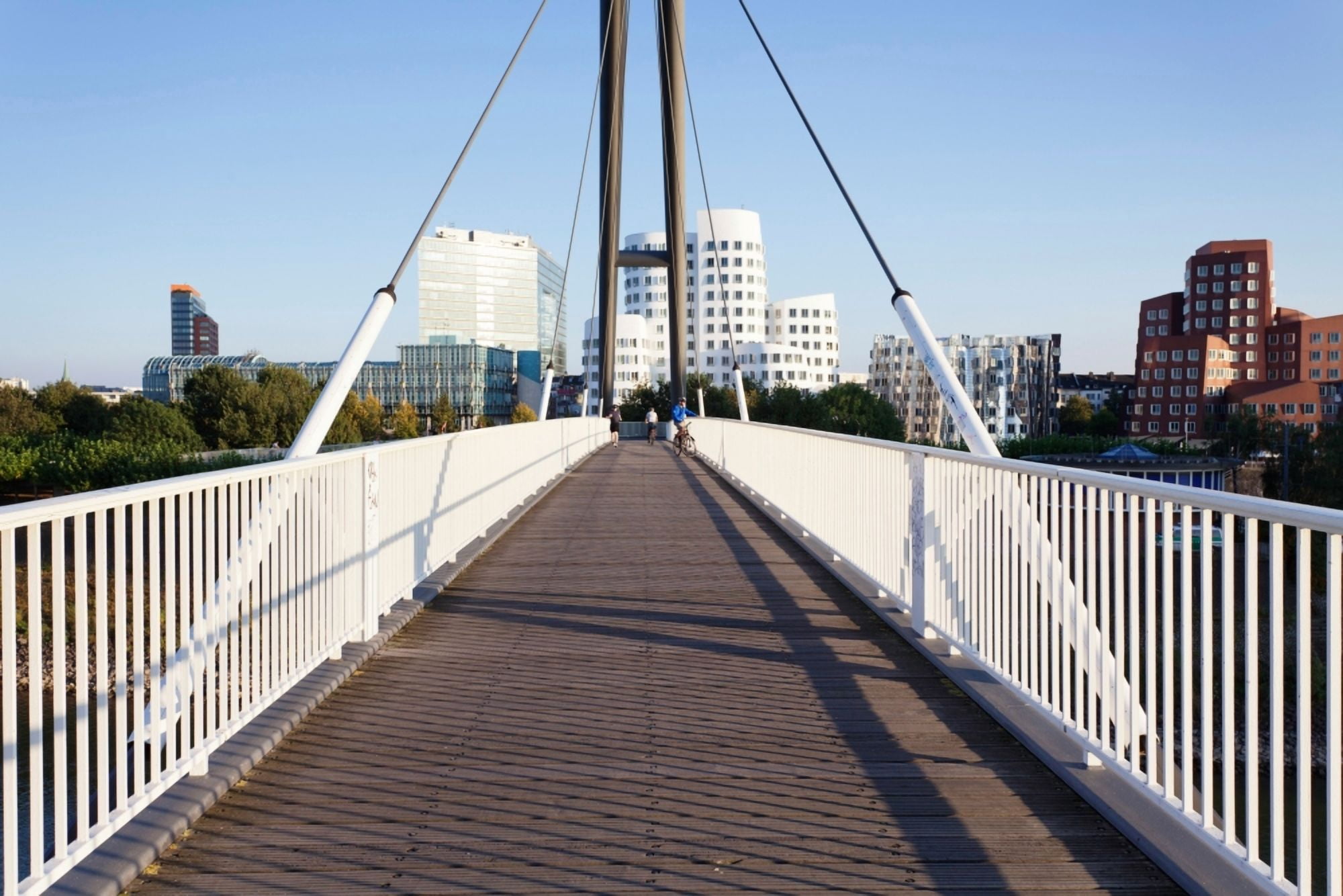 Bridge with Neuer Zollhof buildings designed by Frank Gehry Media Harbour Dusseldorf North Rhine Westphalia Germany Canvas Art - Panoramic Images (36 x 12)