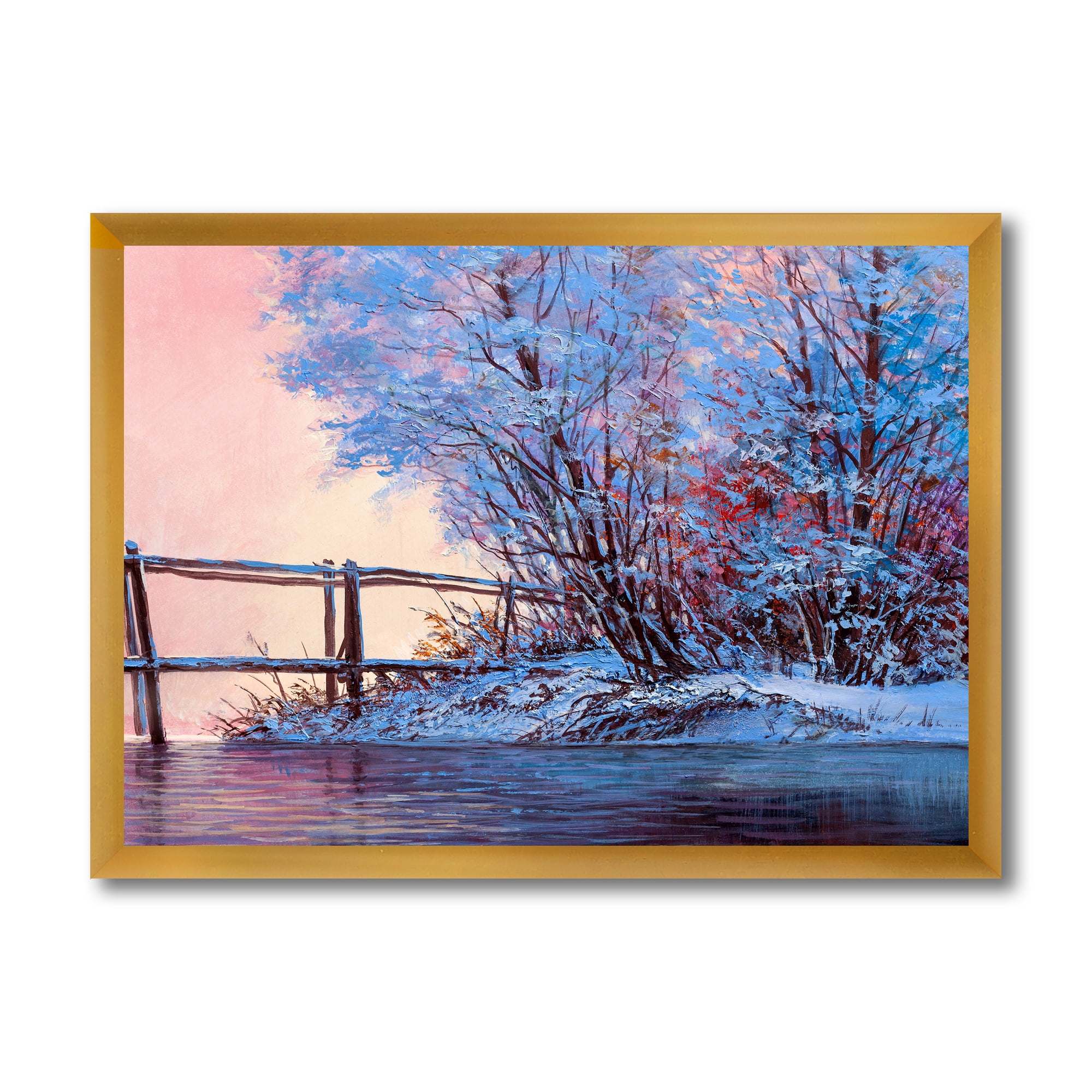 Bridge Of Meandering River With Winter Scenery I 20 in x 12 in Framed Painting Canvas Art Print, by Designart