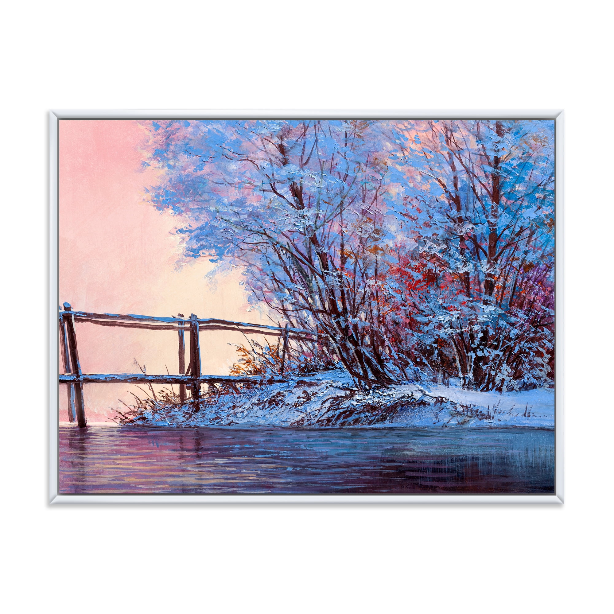 Bridge Of Meandering River With Winter Scenery I 20 in x 12 in Framed Photography Canvas Art Print, by Designart