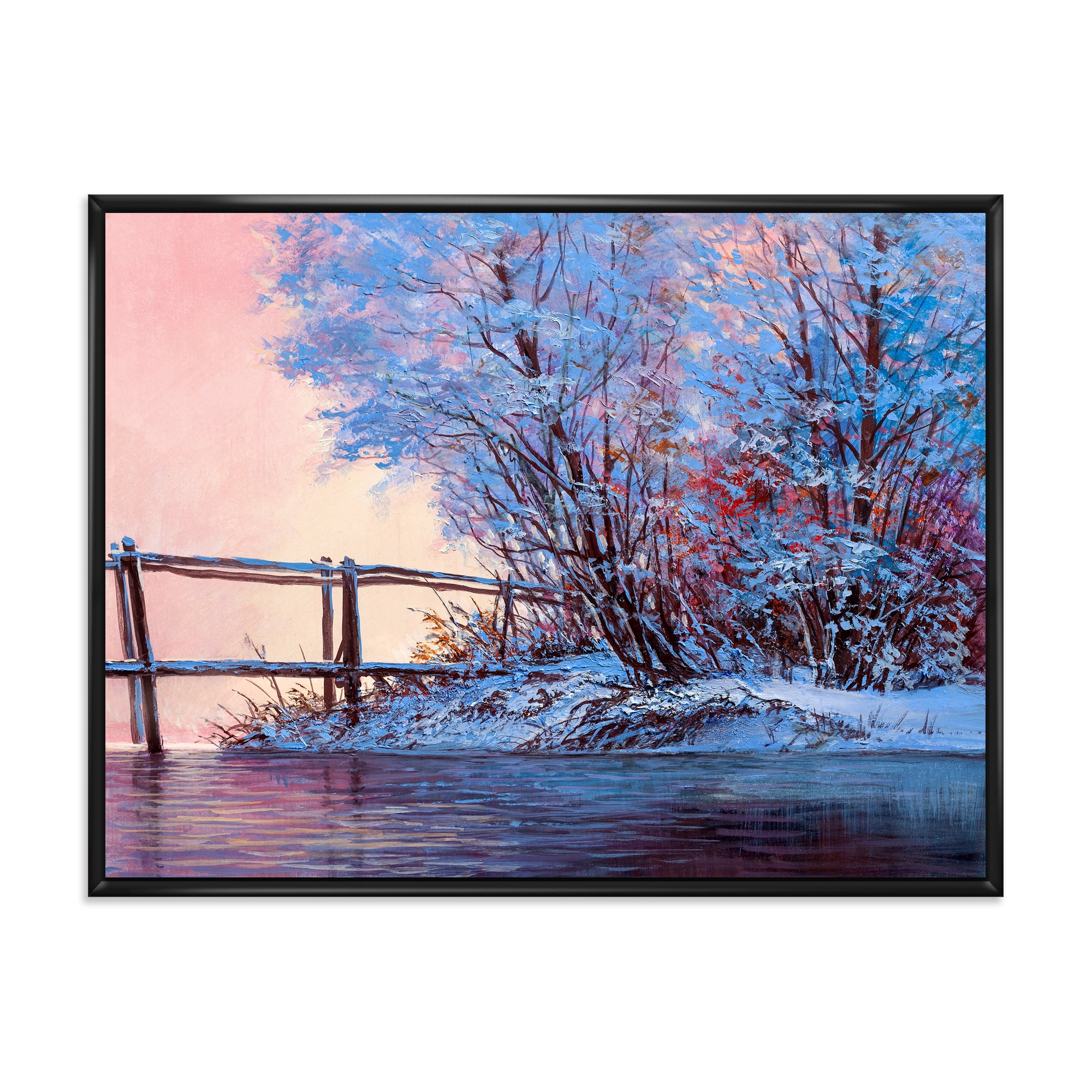 Bridge Of Meandering River With Winter Scenery I 32 in x 16 in Framed Photography Canvas Art Print, by Designart