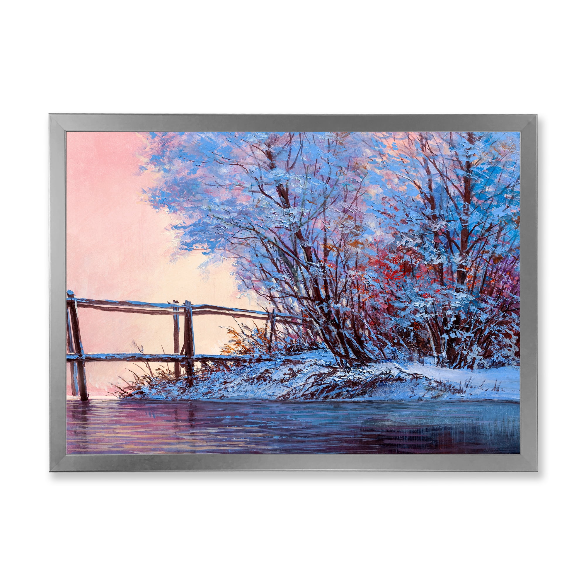 Bridge Of Meandering River With Winter Scenery I 32 in x 24 in Framed Painting Canvas Art Print, by Designart