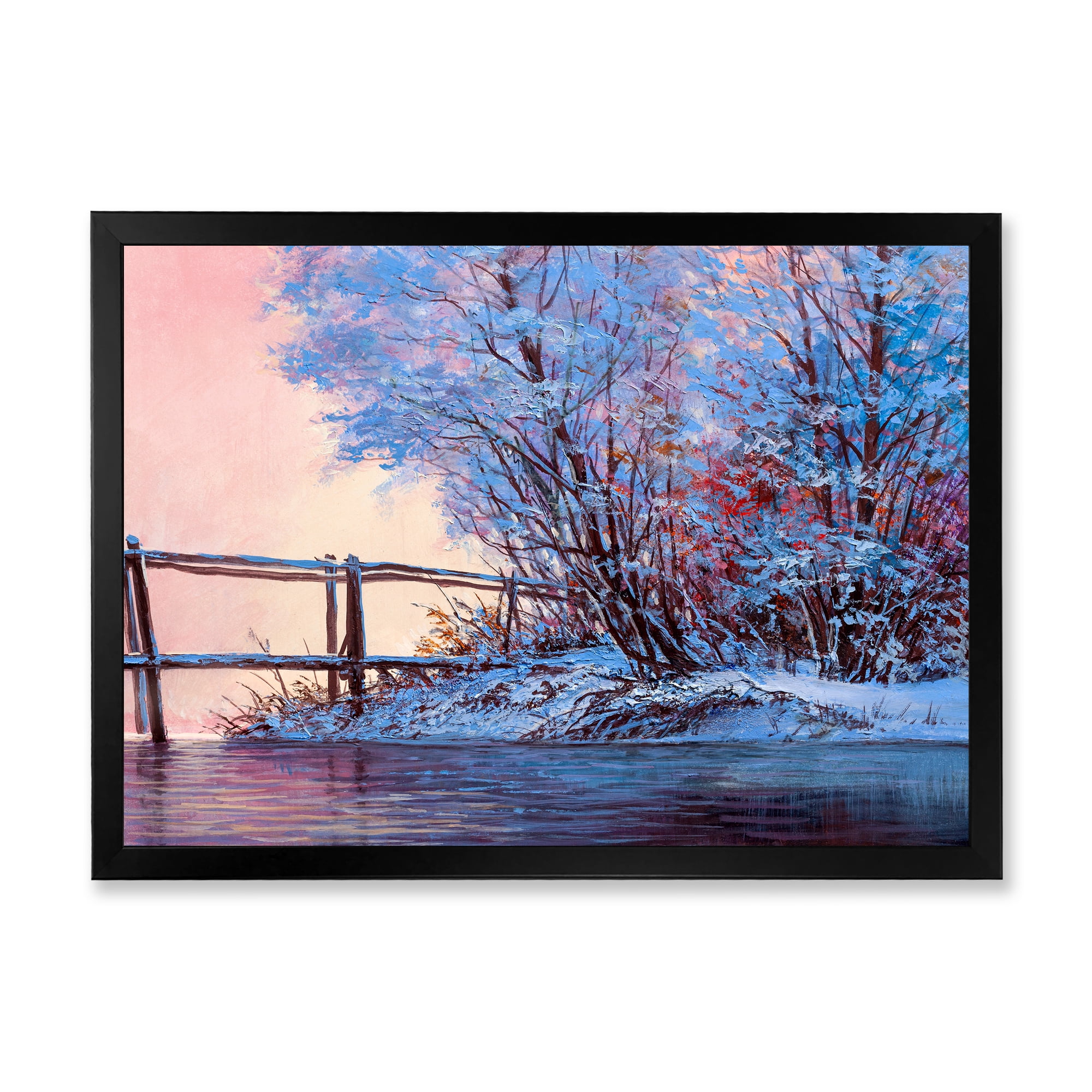 Bridge Of Meandering River With Winter Scenery I 40 in x 30 in Framed Painting Canvas Art Print, by Designart