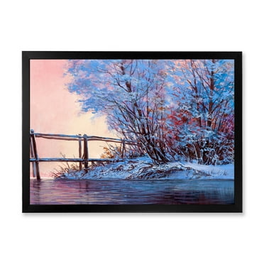 Bridge Of Meandering River With Winter Scenery I 40 in x 30 in Framed Painting Canvas Art Print, by Designart