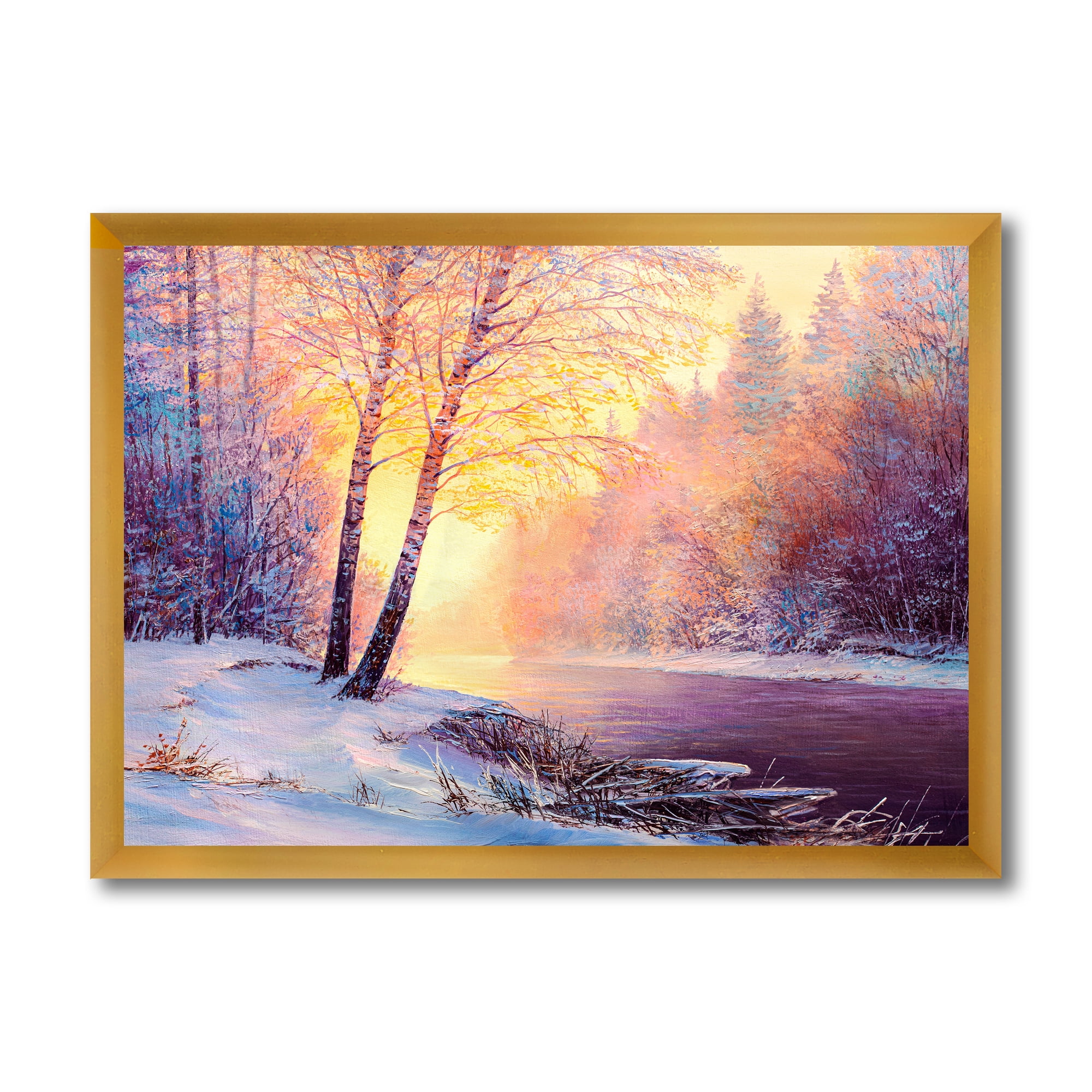 Bridge Of Meandering River With Winter Scenery II 20 in x 12 in Framed Painting Canvas Art Print, by Designart
