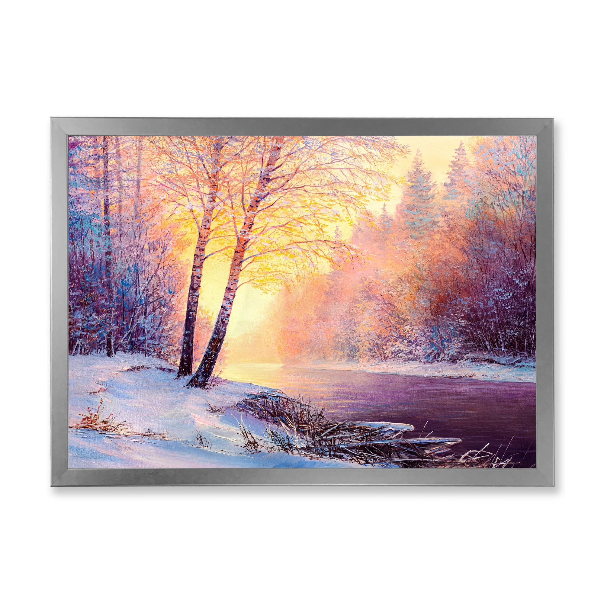 Bridge Of Meandering River With Winter Scenery II 32 in x 16 in Framed Painting Canvas Art Print, by Designart