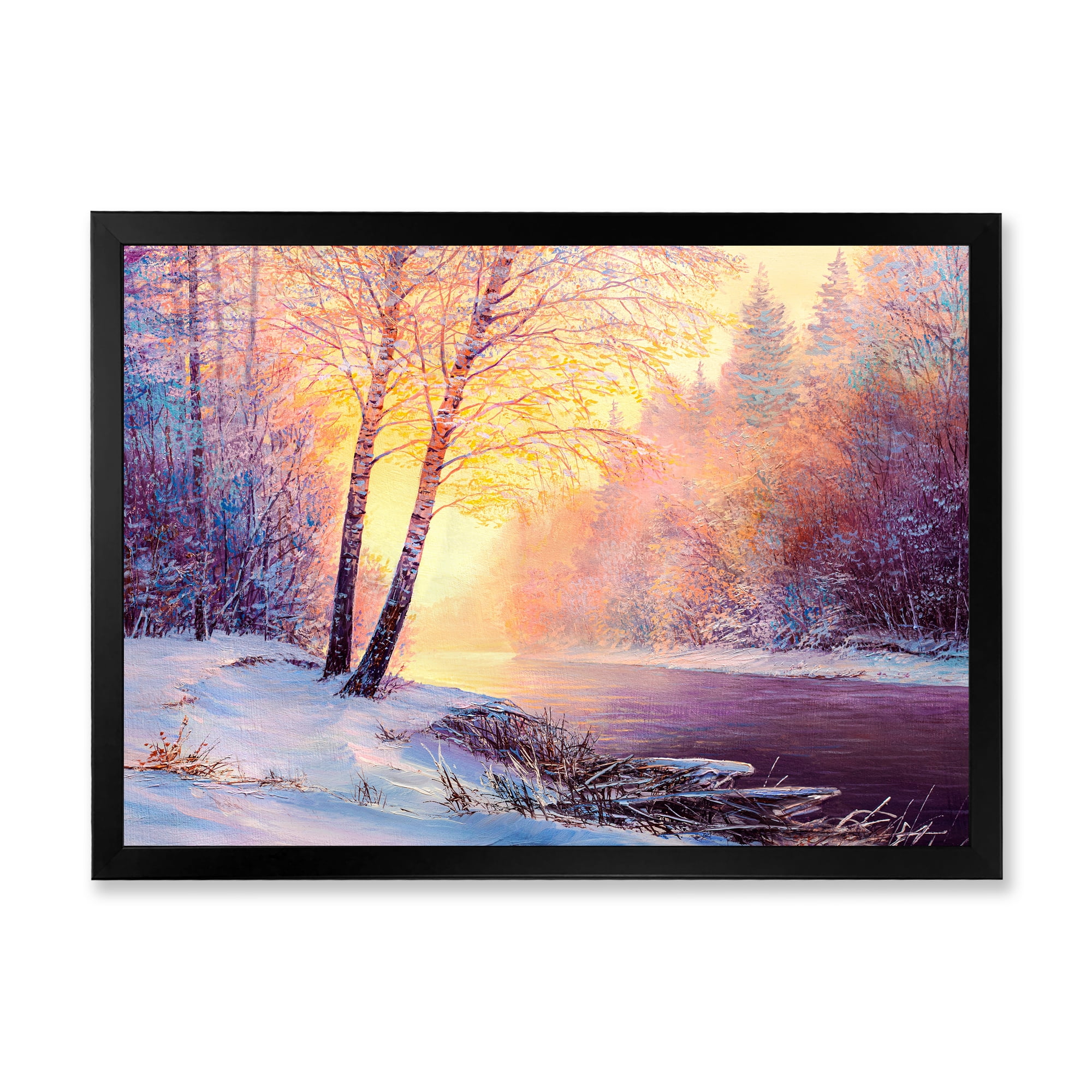 Bridge Of Meandering River With Winter Scenery II 32 in x 16 in Framed Painting Canvas Art Print, by Designart