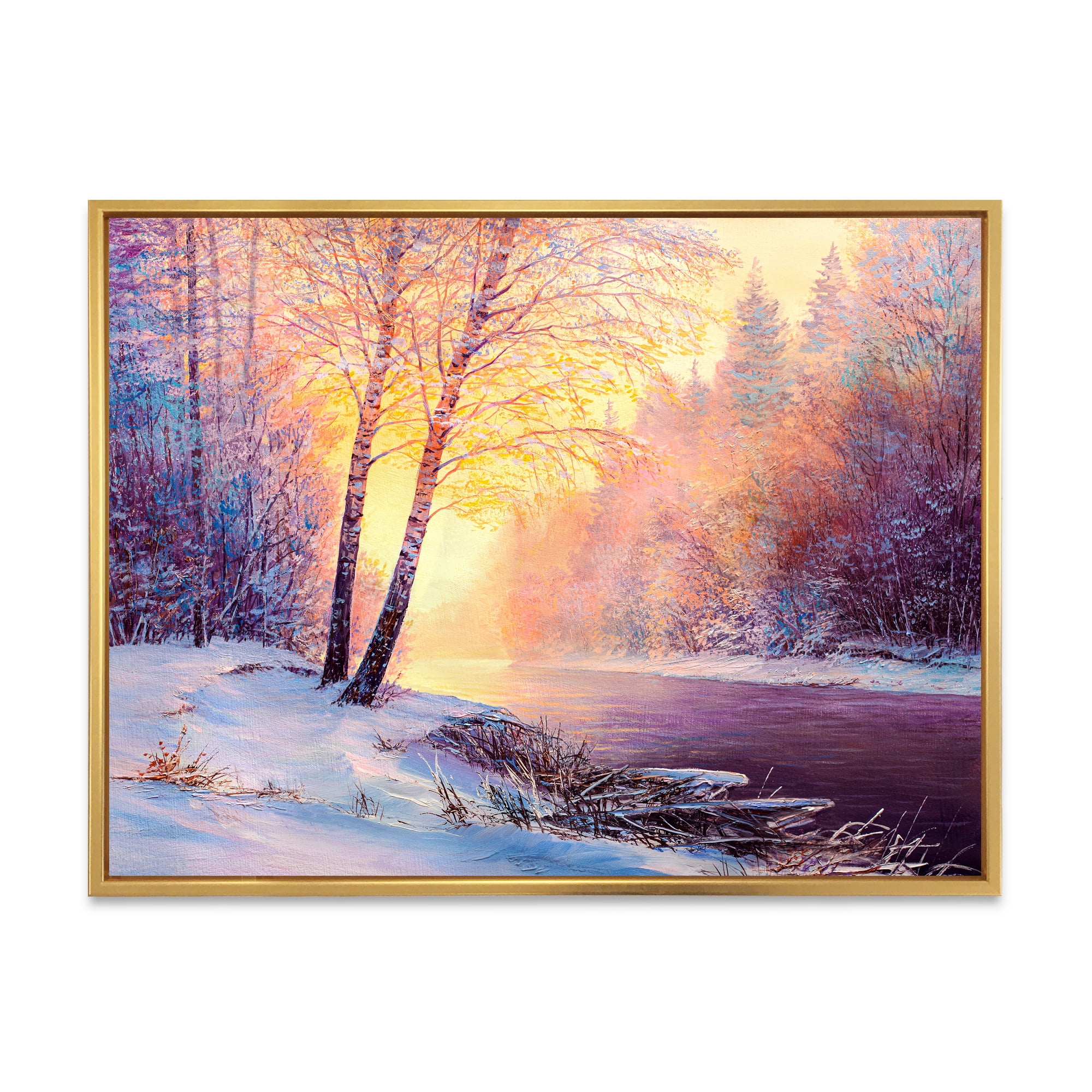 Bridge Of Meandering River With Winter Scenery II 32 in x 24 in Framed Painting Canvas Art Print, by Designart