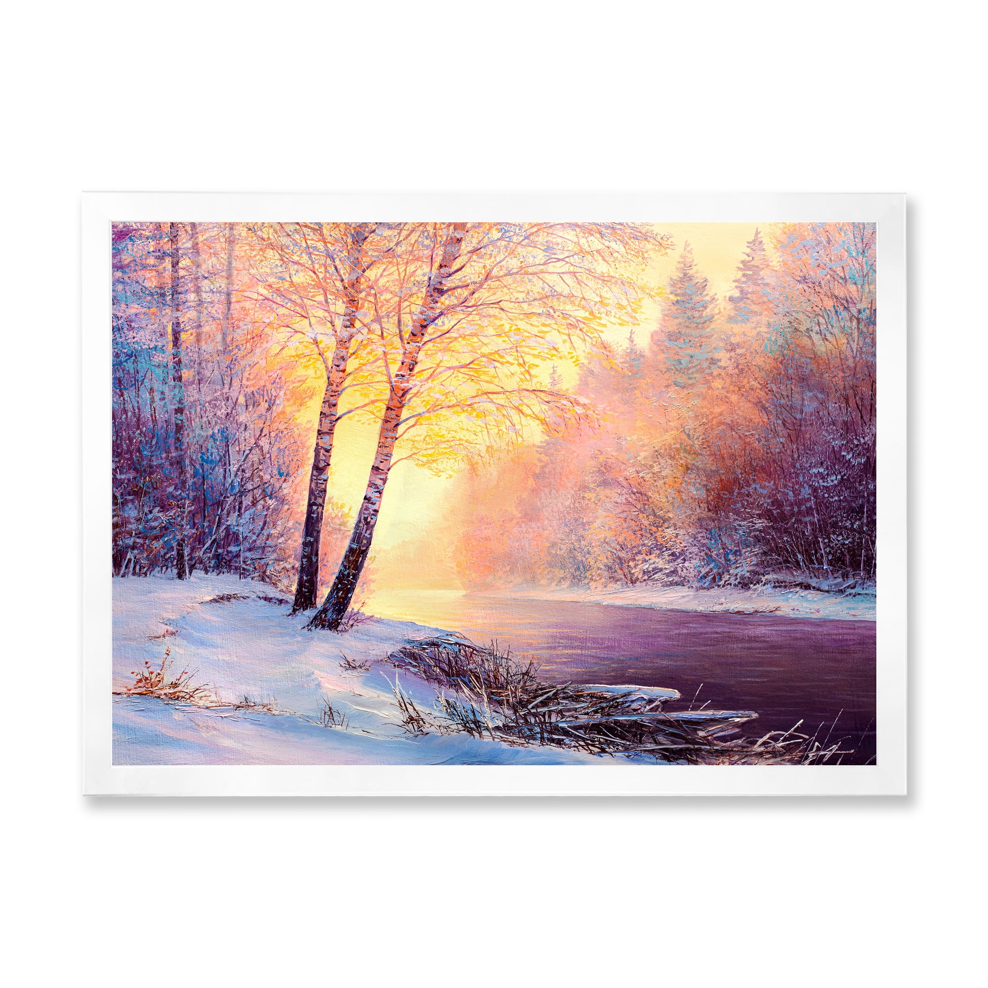 Bridge Of Meandering River With Winter Scenery II 40 in x 30 in Framed Painting Canvas Art Print, by Designart