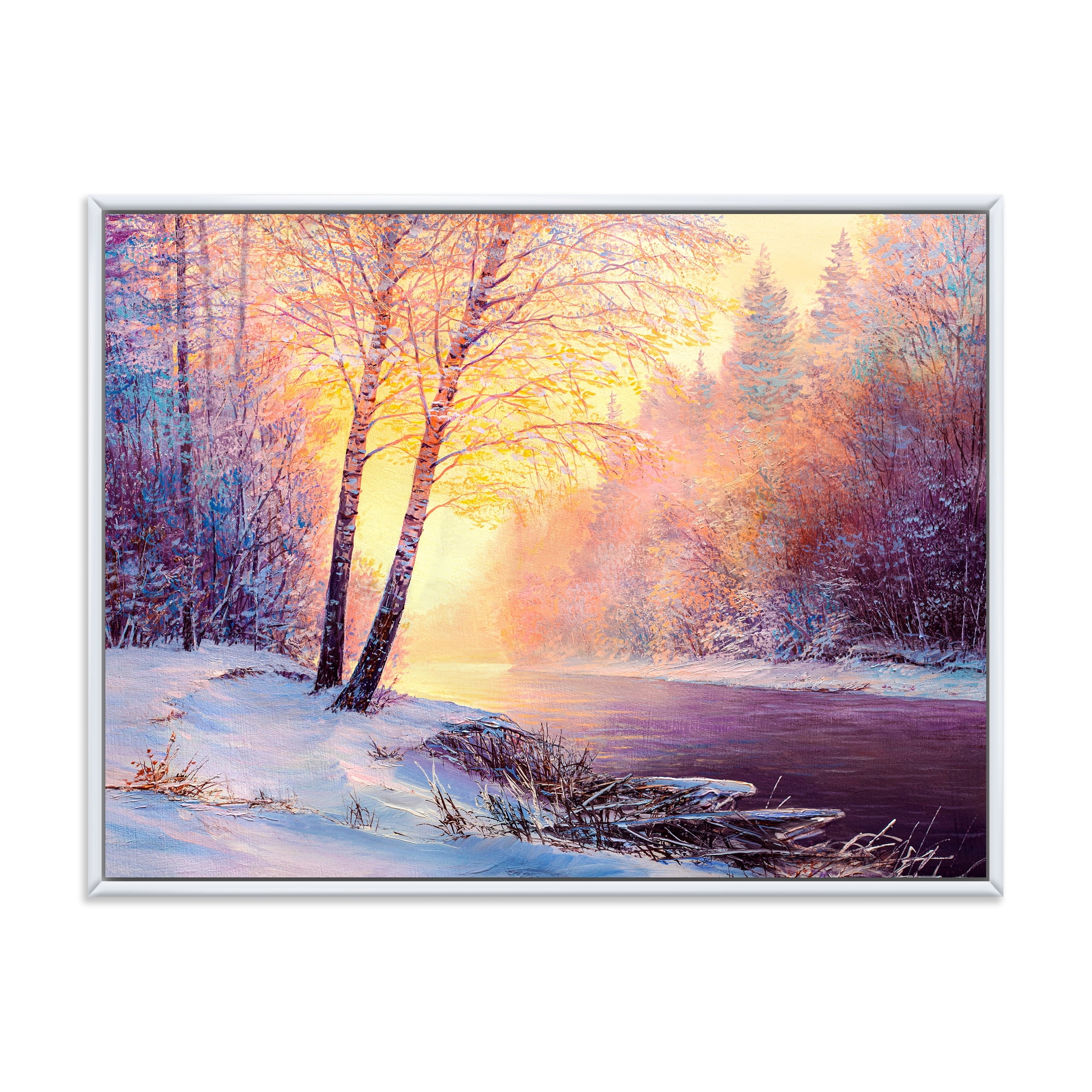 Bridge Of Meandering River With Winter Scenery II 40 in x 30 in Framed Photography Canvas Art Print, by Designart