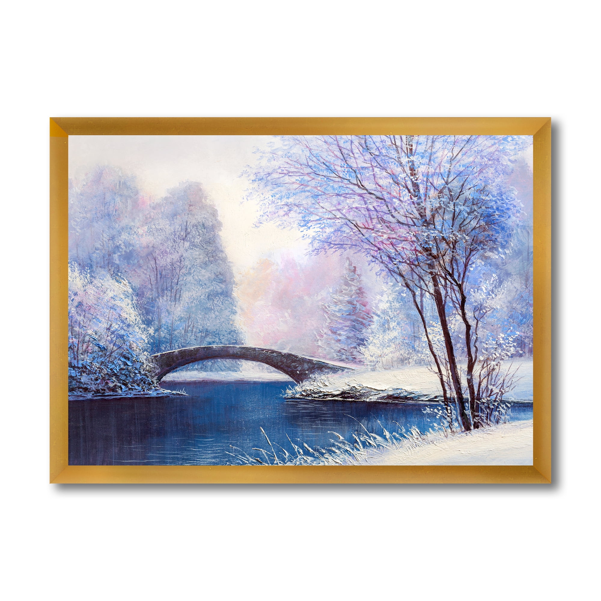 Bridge Of Meandering River With Winter Scenery III 20 in x 12 in Framed Painting Canvas Art Print, by Designart
