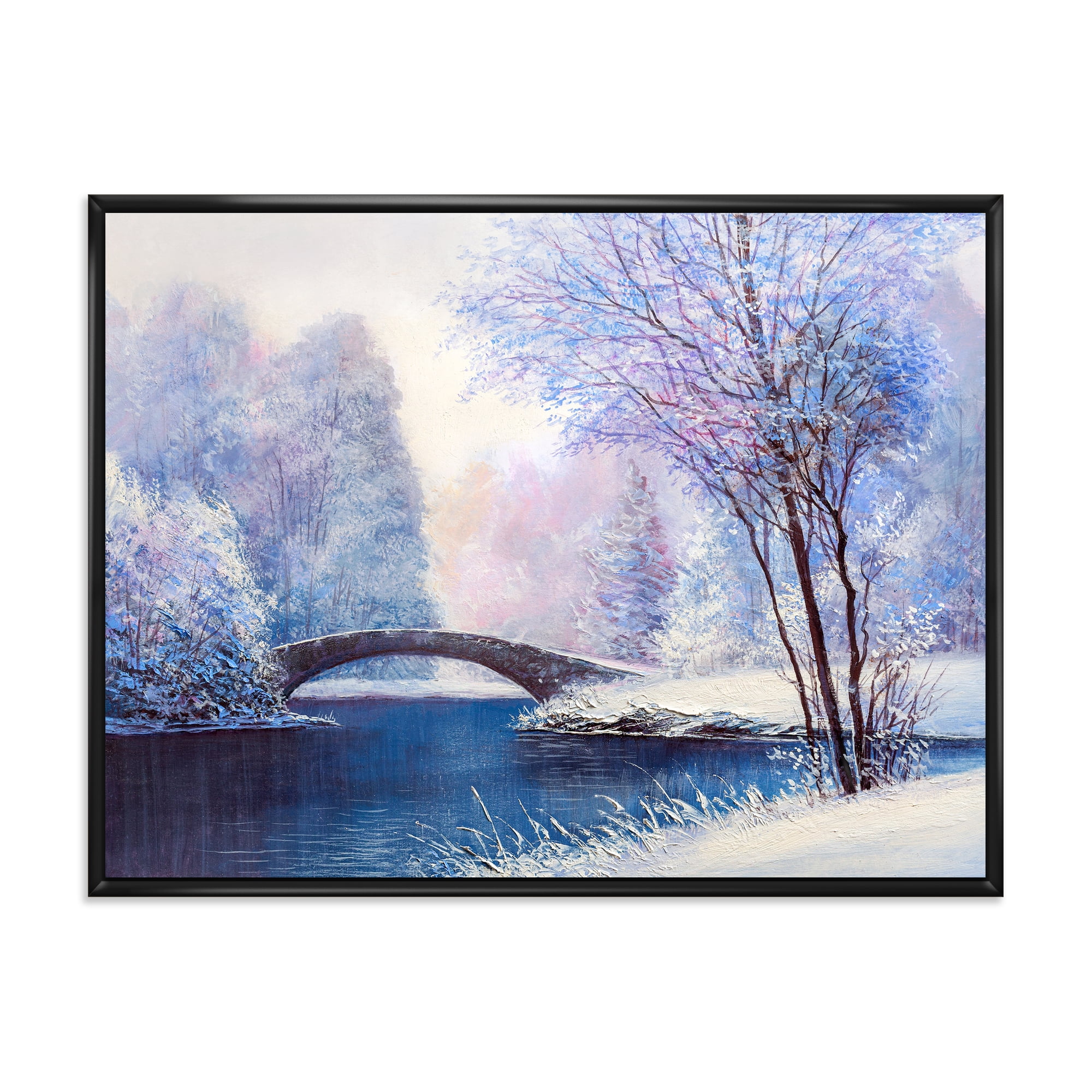Bridge Of Meandering River With Winter Scenery III 20 in x 12 in Framed Painting Canvas Art Print, by Designart