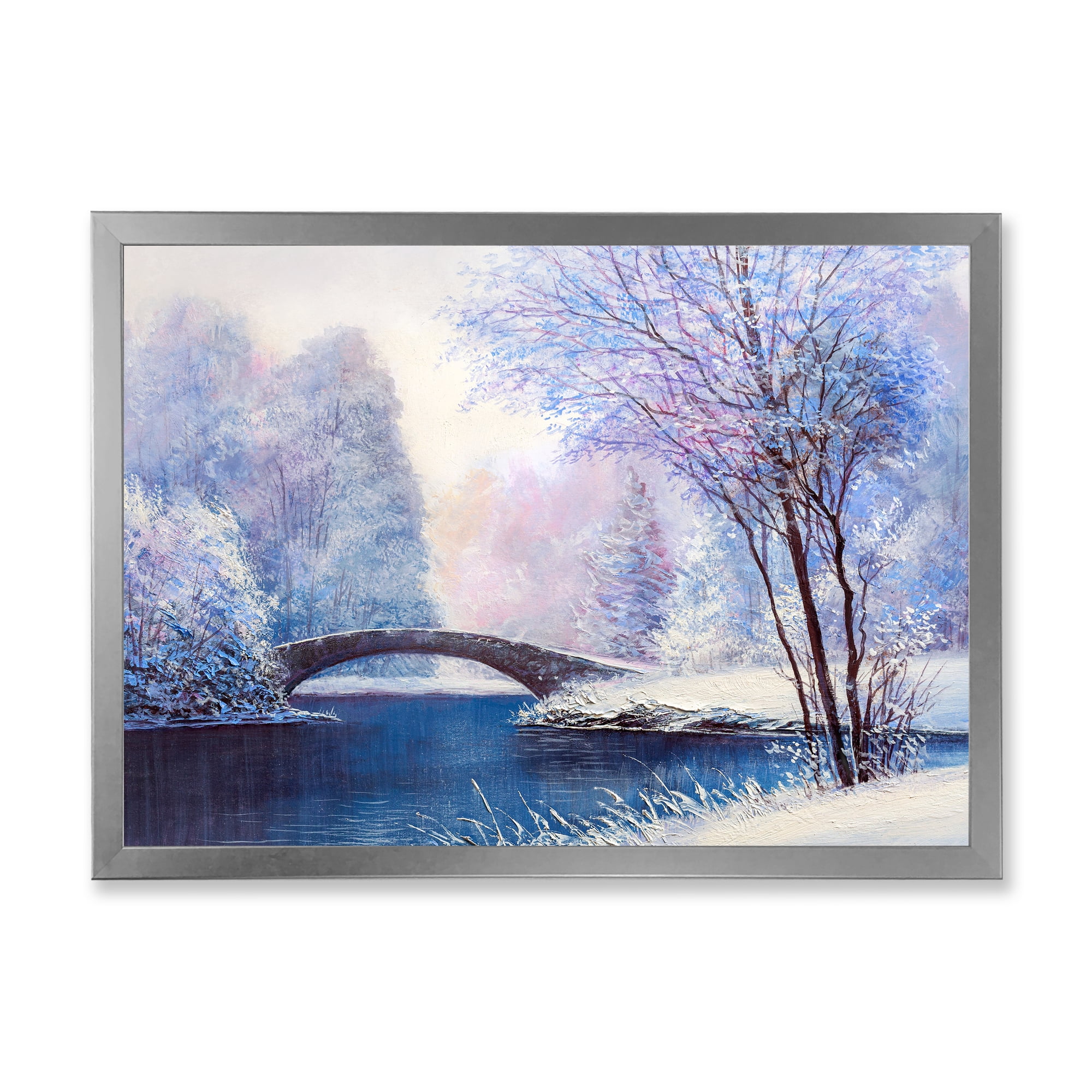 Bridge Of Meandering River With Winter Scenery III 20 in x 12 in Framed Painting Canvas Art Print, by Designart