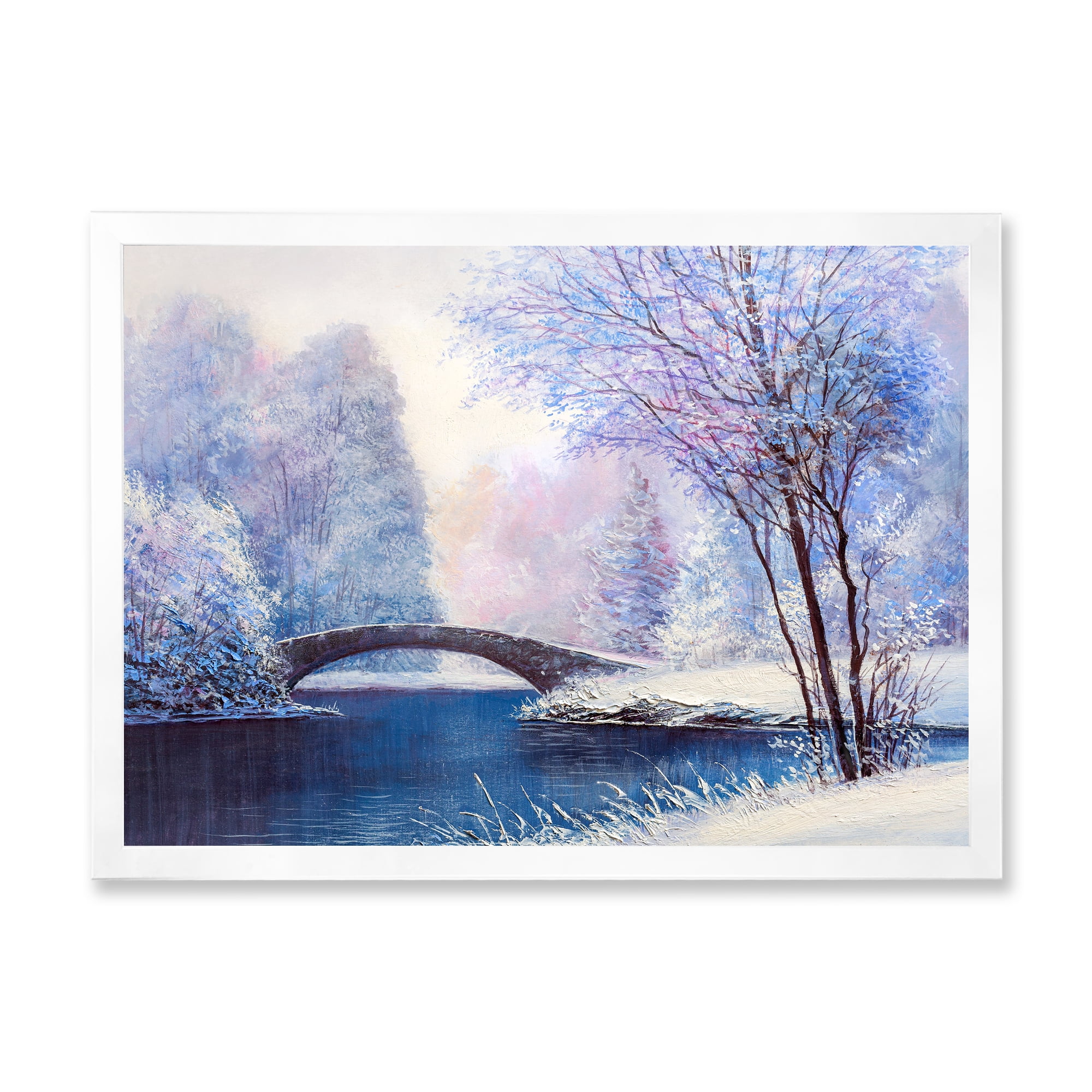 Bridge Of Meandering River With Winter Scenery III 32 in x 24 in Framed Painting Canvas Art Print, by Designart