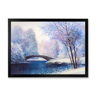 Bridge Of Meandering River With Winter Scenery III 40 in x 30 in Framed Painting Canvas Art Print, by Designart